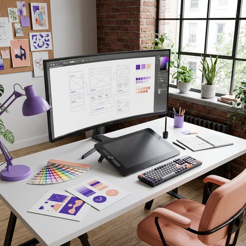 Creative design workspace with UI/UX interface
