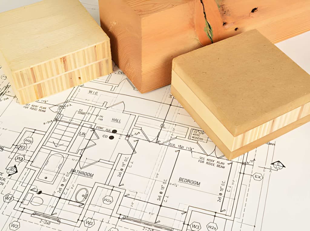 Architectural blueprint floor plan with wooden models