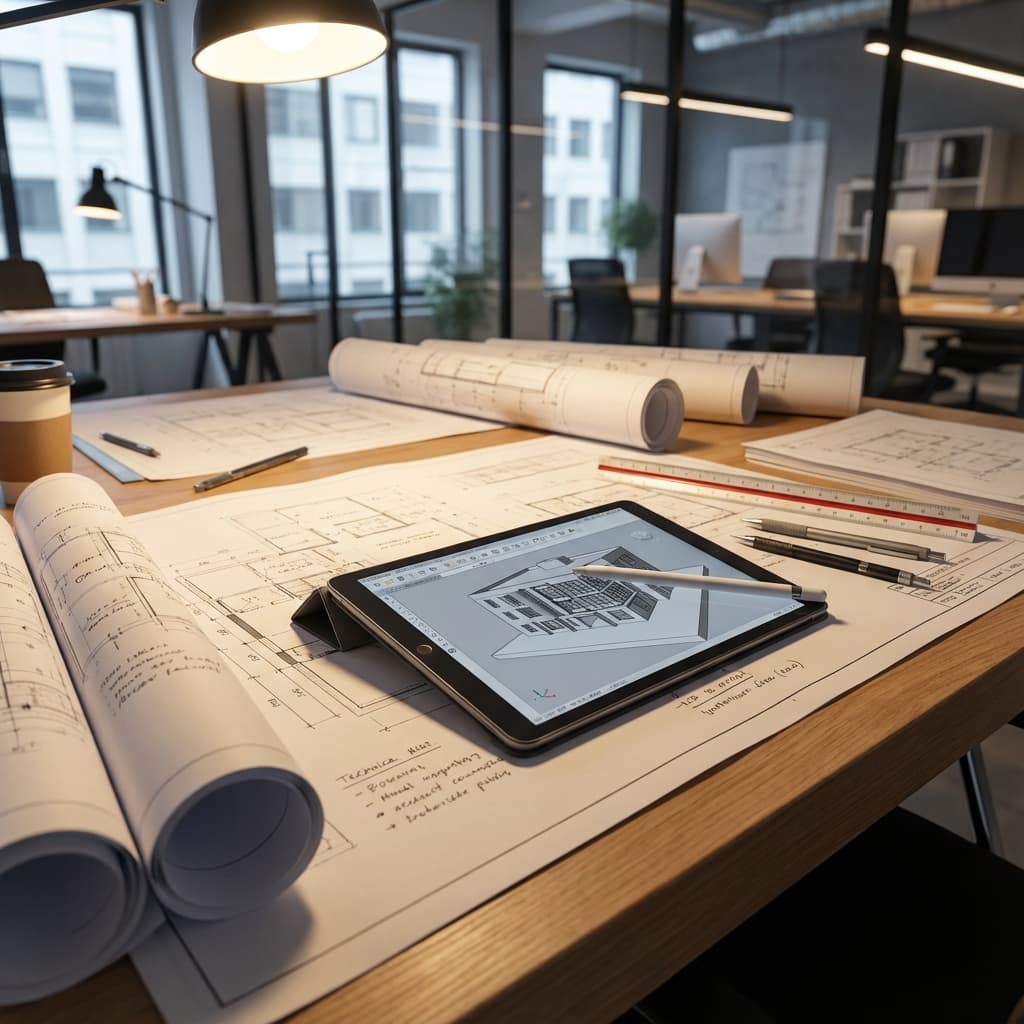 Architectural drafting workspace with blueprints and tablet