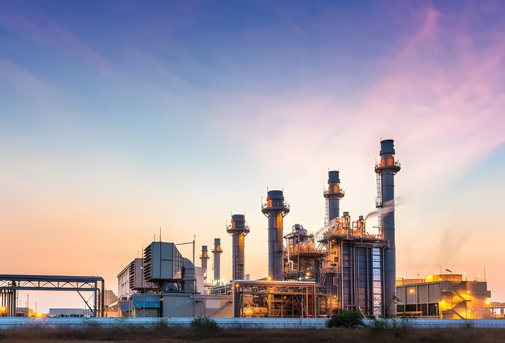 Industrial facility with processing towers at sunset