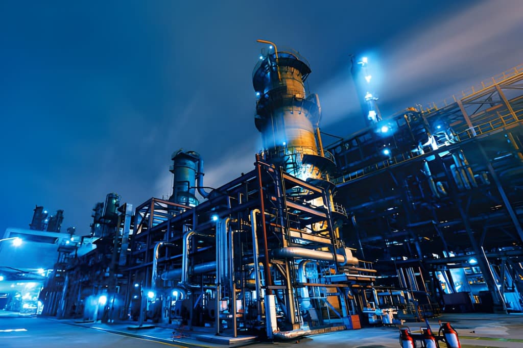 Industrial processing facility at night with illuminated equipment